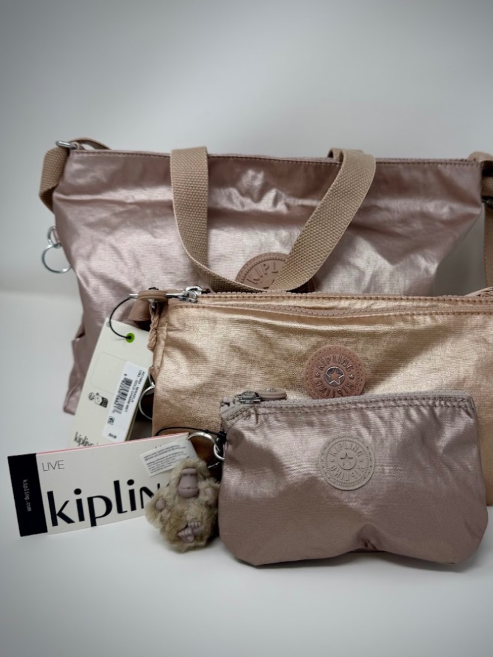 Kipling Rose Gold Metallic Tote & Crossbody Bag Set With Monkey Keychain NWT